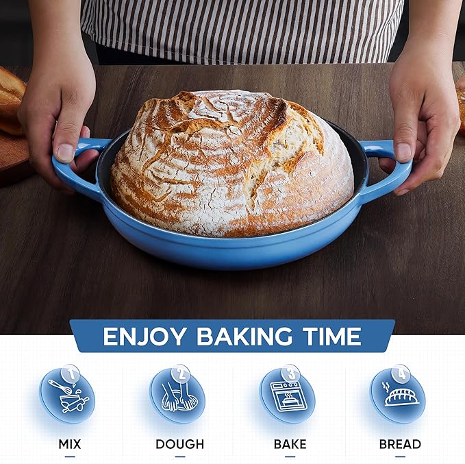 E-far Dutch Oven for Sourdough Bread Baking, 6 Qt Round Enameled Cast Iron Dutch Oven for Homemade Artisan Bread, Dome Lid & Shallow Base, Matte Black Interior & Durable, Oven-Safe to 500?? Blue