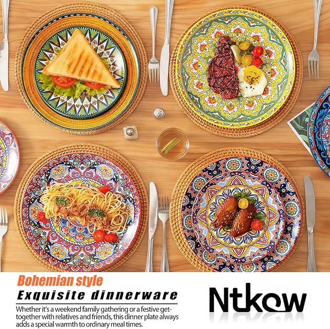 6-Piece Bohemian Dinner Plate Set, 10-Inch Large Plates, Suitable for Salad, Fruit, Pasta, and Main Courses, Party Tableware Set, Dishwasher and Microwave Safe