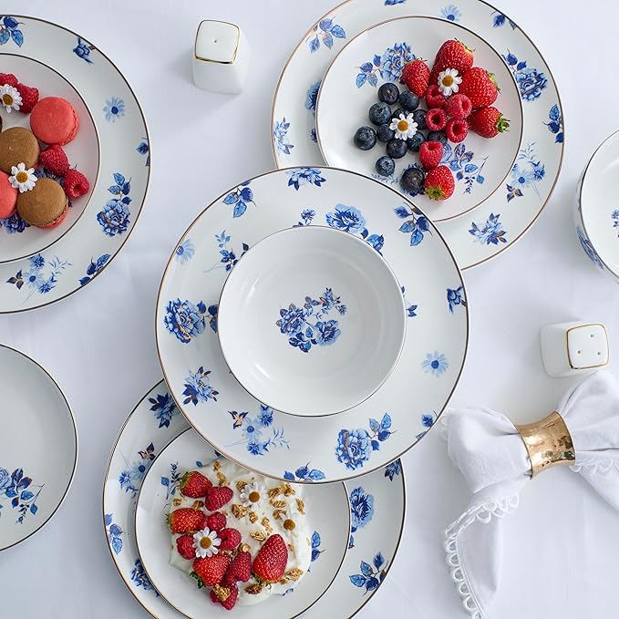 Stone Lain Viola 24-Piece Dinnerware Set Porcelain, Plates and Bowls Set, Dish Set for 8, Microwave and dishwasher Safe, Blue