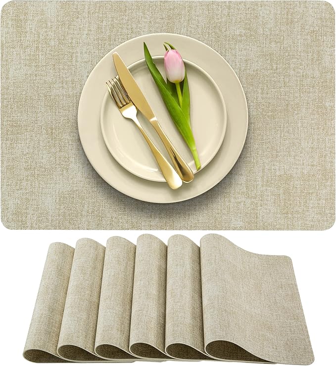 More D챕cor Faux Leather Placemats Set of 6 for Dining Table ??Waterproof, Wipeable, Washable, Stain & Heat Resistant, Non-Slip Table Mats ??12 X 17 Inch, Beige