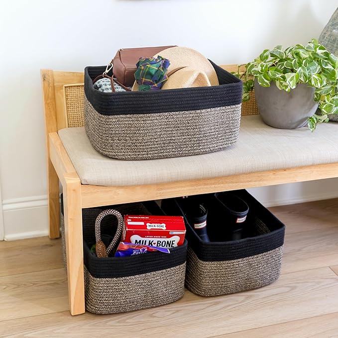 NaturalCozy Storage Baskets 16.8?쓝13?쓝7.6??Cotton Rope Woven Baskets for Organizing 3-Pack | Toy Storage Bins | Basket for Shelves, Laundry, Blanket, Clothes, Closet, Kitchen, Bathroom, Gifts
