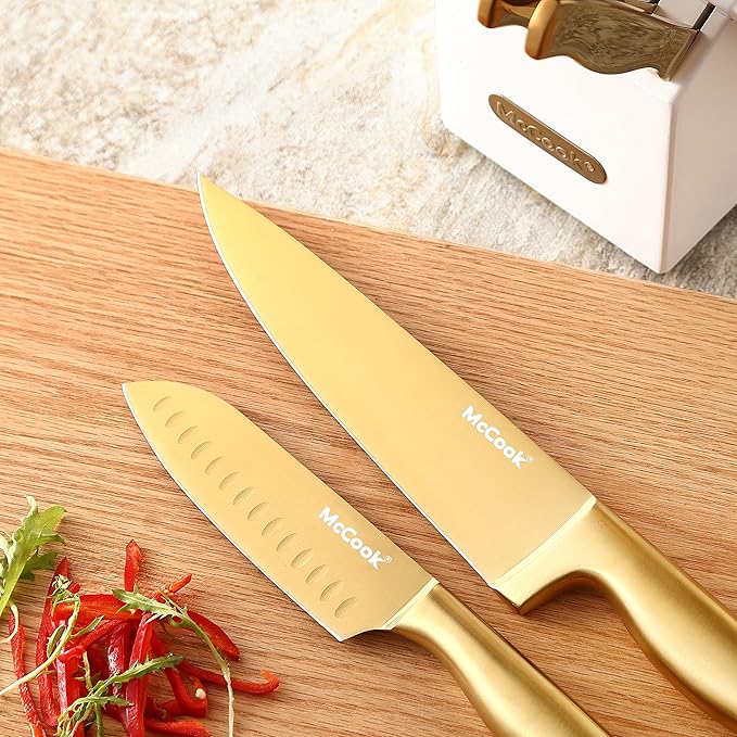 McCook짰 Kitchen Knife Sets, Golden Titanium Stainless Steel Knives Block Set with Built-in Sharpener