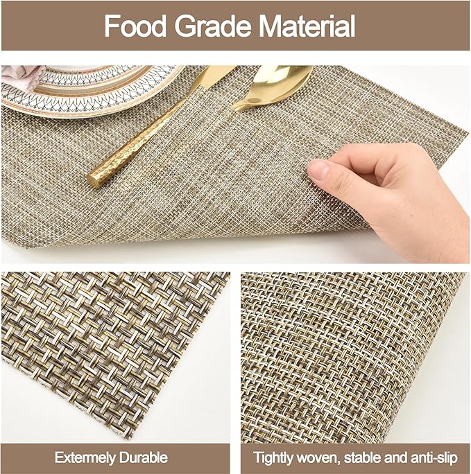 SLKQG Placemats Set of 4 - Easy Clean Washable Vinyl Placemats - Wipeable Heat Resistant Table Mats for Dining Table - 17.7x11.8 Inch (4, Gray & Gold Two-Tone)
