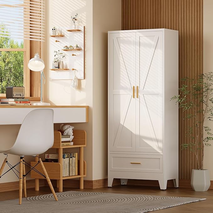 71?쏦 Kitchen Pantry Cabinet with Drawers,Tall Kitchen Pantry Cabinets,Metal Food Storage Cabinets, White Pantry Cabinet with 4 Doors, Large Freestanding Cabinets for Dining Room, Living Room