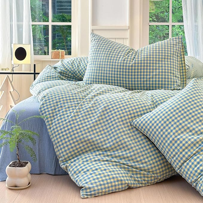 LifeTB Gingham Comforter Set Full Modern Style Blue Yellow Plaid Grid Bed Comforter 3 Pieces Soft Fluffy Checkered Pattern Comforter with 2 Pillowcases Farmhouse Gingham Bedding Set Breathable