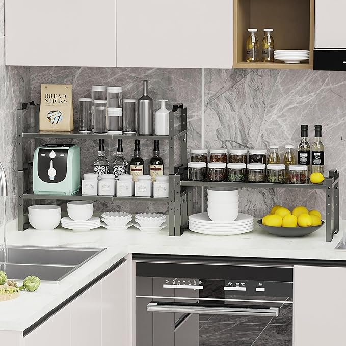 Expandable Shelf for Cabinet Organizer Adjustable Stackable Spice Rack at Kitchen and Bathroom More, Counter Countertop Cupboard Organization Pantry Storage (1 Pack/Gun-Grey, Large)