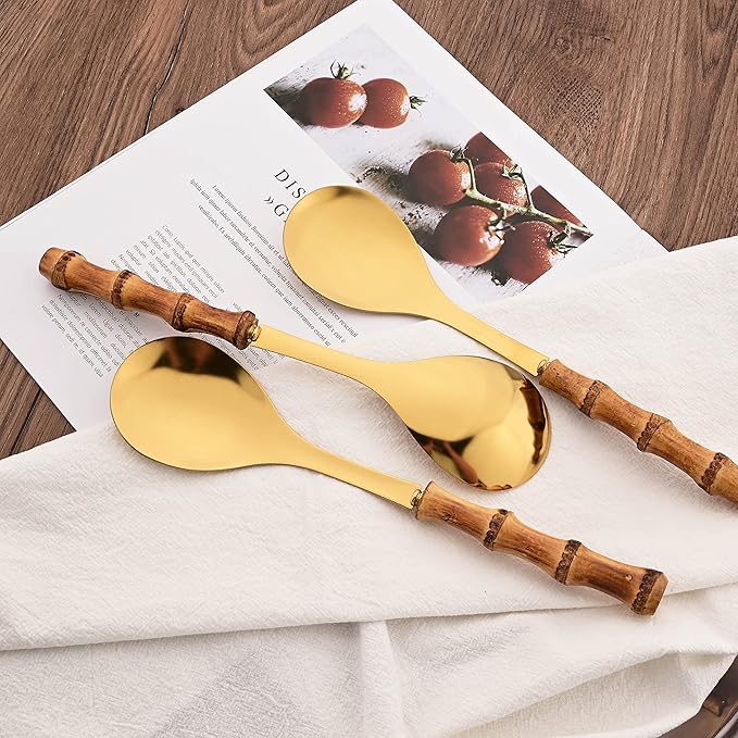 Serving Spoons Set of 2, 10.0" Stainless Steel Serving Spoons with Natural Bamboo Handle, Gold Large Serving Utensils of Spoons, Big Ladle for Buffet, Party, Banquet, Kitchen, Tablespoons Flatware