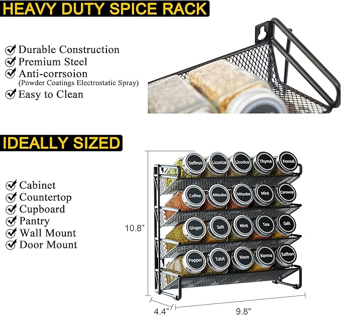 SpaceAid Spice Rack Organizer with 20 Spice Jars, 386 Spice Labels, Chalk Marker and Funnel Set for Cabinet, Countertop, Pantry, Cupboard or Door & Wall Mount - 20 Jars, 9.8" W 횞 10.8?쏦, Black