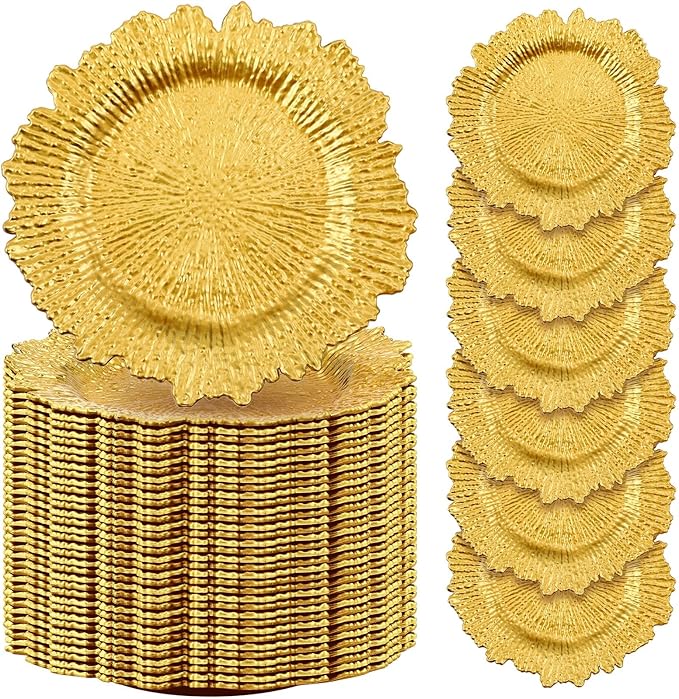 Tanlade 100 Pcs Reef Charger Plates Bulk 13 Inch Plastic Wedding Chargers Floral Decorative Plates with Metallic Ruffled Rim for Wedding Party, Holiday Event Supplies(Gold)