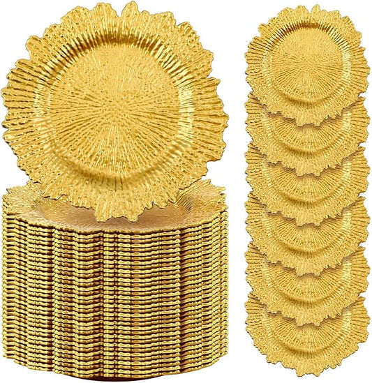 Tanlade 100 Pcs Reef Charger Plates Bulk 13 Inch Plastic Wedding Chargers Floral Decorative Plates with Metallic Ruffled Rim for Wedding Party, Holiday Event Supplies(Gold)