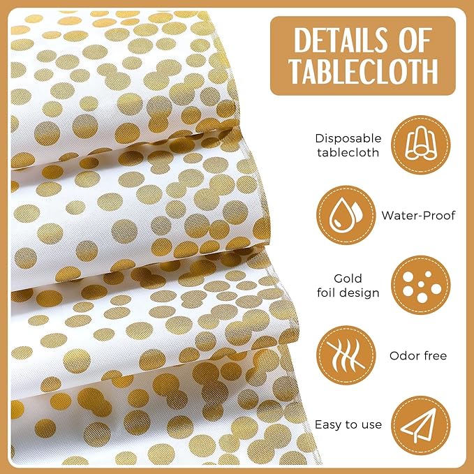 Tudomro 12 Pieces White and Gold Disposable Plastic Tablecloths and Satin Table Runner Set 54x108 Inch Tablecloth 12x108 Inch Table Runners for New Year Wedding Birthday Baby Shower Graduation