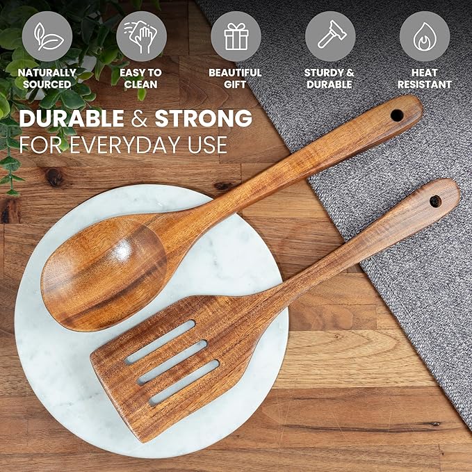 Zulay Kitchen Teak Wood Utensil Set ??2 Piece Large Wooden Cooking Spoon and Slotted Turner, Handcrafted Natural Teak Wood Kitchen Utensils, Durable, Nonstick Safe & Smooth Finish