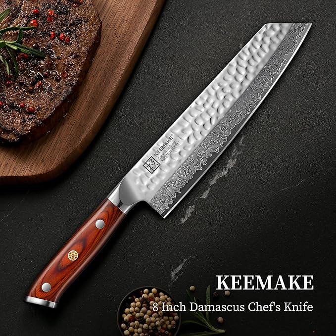 KEEMAKE Kiritsuke Chef Knife 8 Inch, Damascus Kitchen Knife Professional Gyuto Knives, Ultra Sharp Cooking Knives with Ergonomic Pakkawood Handle & Ash Sheath