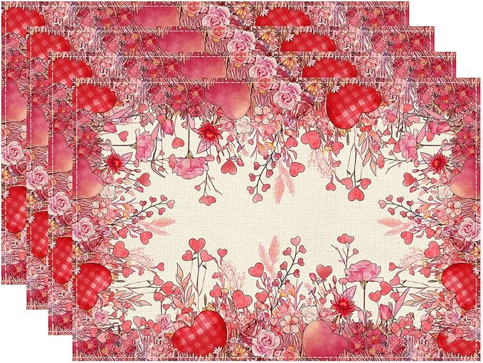 XCHI Wild Flowers Love Hearts Valentine?셲 Day Placemats Set of 4 Table Mats for Party Home Kitchen Dining Table Decorations 12x18 Inch