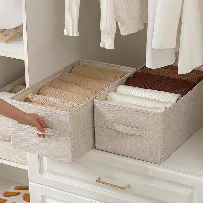 Linen Folding Storage Bins, 3 Pack Large Storage Baskets, Washable, Clothing Storage Bins with Handle, Closet Organizer for Storage Sweater,Sheets(Beige, 18쩍"x11" x8쩍")