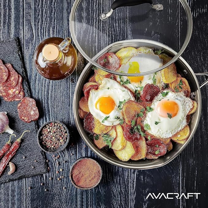 AVACRAFT 10 Inch Tri-Ply Stainless Steel Frying Pan with Lid, Side Spouts, Induction Pan, Versatile Stainless Steel Skillet, Fry Pan in our Pots and Pans (Tri-Ply Stainless steel,10 Inch)