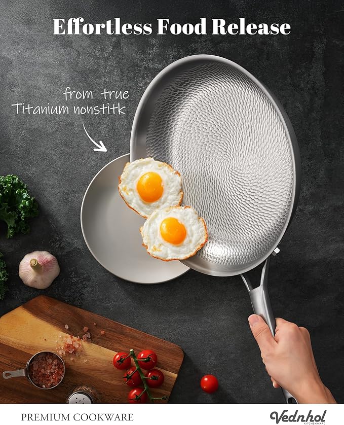 Titanium Pan, 12 Inch Pure Titanium Hammered Pro with Lid, Non Stick Skillet for Cooking, Non-Toxic, PFAS/PFOA/PTFE Free Cookware, Dishwasher&Oven Safe, Kitchen Induction Compatible