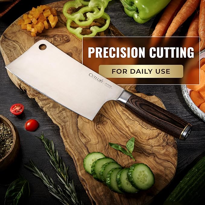 Cutluxe Meat Cleaver Knife ??Ultra Sharp 7" Meat Cleaver, Butcher Knife, High Carbon Stainless Steel Blade, Full Tang Pakkawood Handle ??Shinobi Series
