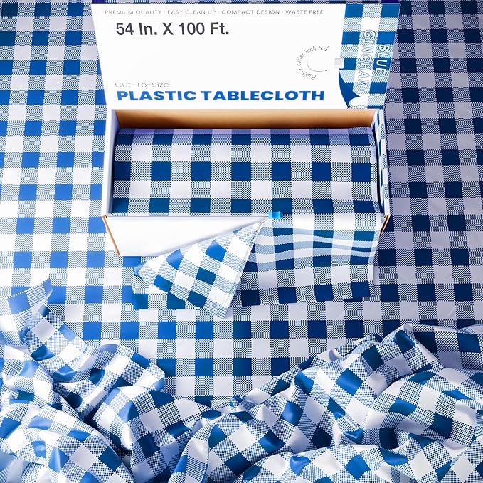 Party Solids 54 Inch X 100 Feet Blue Gingham Plastic Table Cover Roll in A Cut - to - Size Box with Convenient Slide Cutter. Cuts Up to 12 Rectangle 8 Feet Plastic Disposable Tablecloths