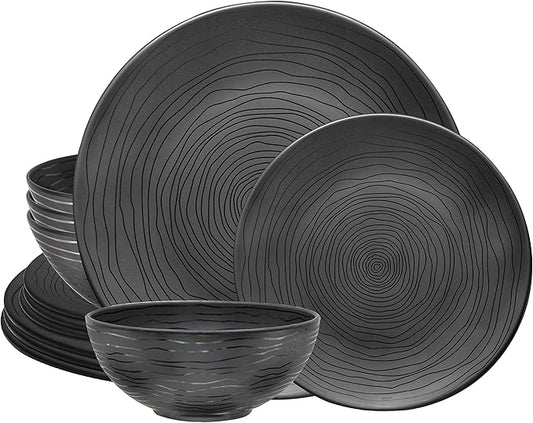 Bzyoo 12 Piece Melamine Dinnerware Set - Durable, Dishwasher Safe Organica Black Plates and Bowls Sets Casual Dish Set for Dining, Outdoor and Kitchen