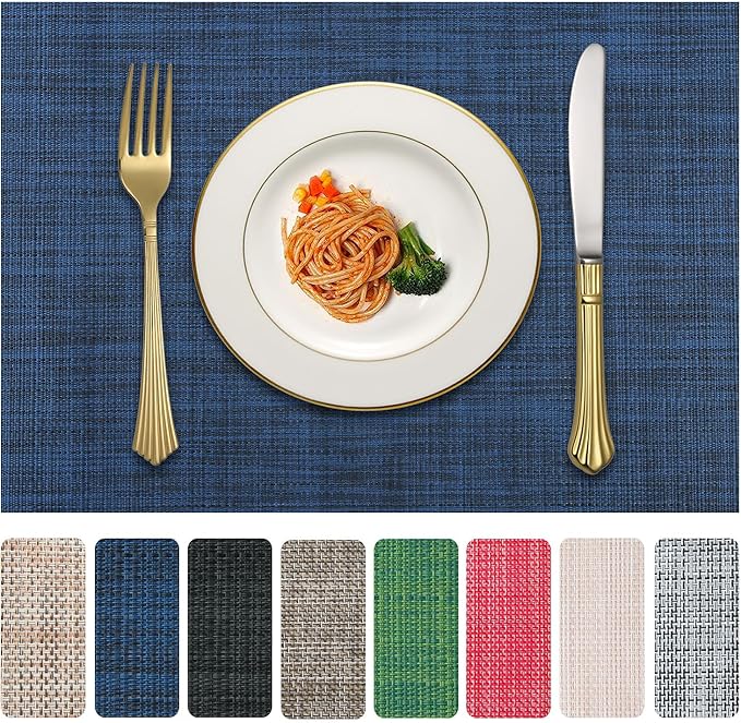 LANDVIEW Vinyl Placemats Set of 4, PVC Woven Washable Non-Slip Table Mats, Heat Resistant Wrinkle Free Place Mats for Dining Table, Easy to Clean (4, Navy Blue)