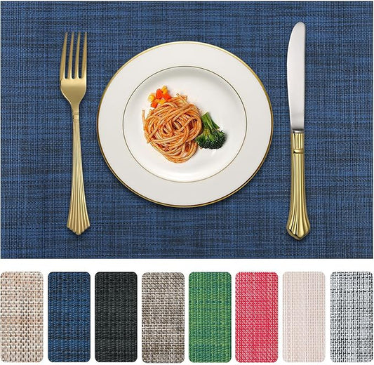LANDVIEW Vinyl Placemats Set of 6, PVC Woven Washable Non-Slip Table Mats, Heat Resistant Wrinkle Free Place Mats for Dining Table, Easy to Clean (6, Navy Blue)