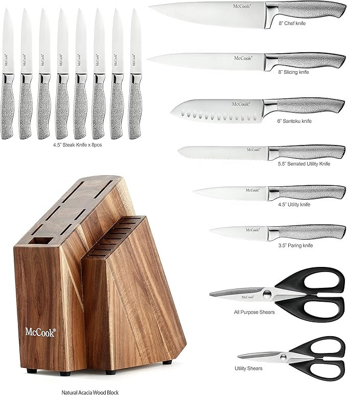 McCook짰 Premium Knife Sets,Full Tang Hammered German Stainless Steel Kitchen Knife Set with 8 Pieces Steak Knives and Acacia Block