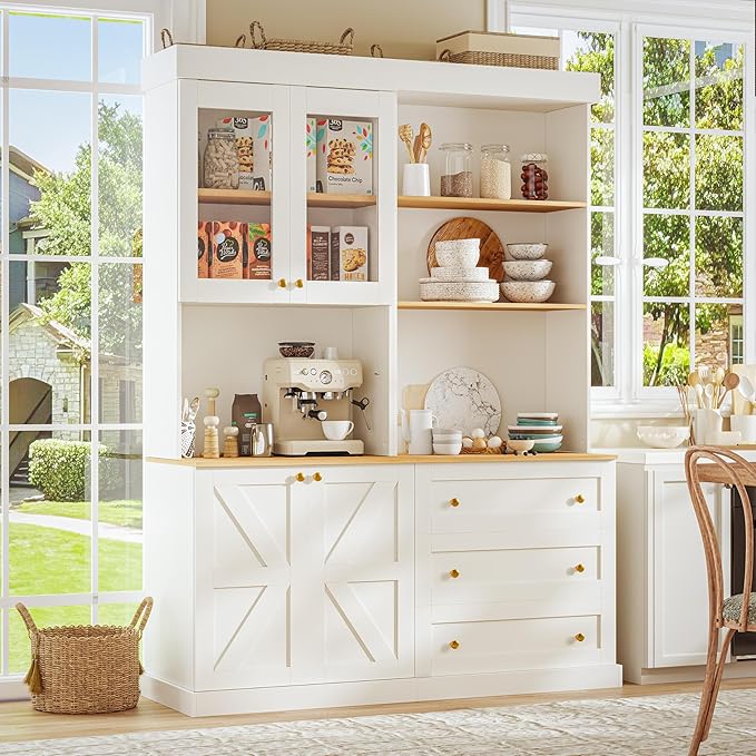 71" Tall Farmhouse Kitchen Pantry, Large Storage Cabinet with Glass Doors and Drawers, Freestanding Coffee Bar Hutch with Microwave Stand, Adjustable Shelves for Kitchen, Living Room, White 4 Pcs