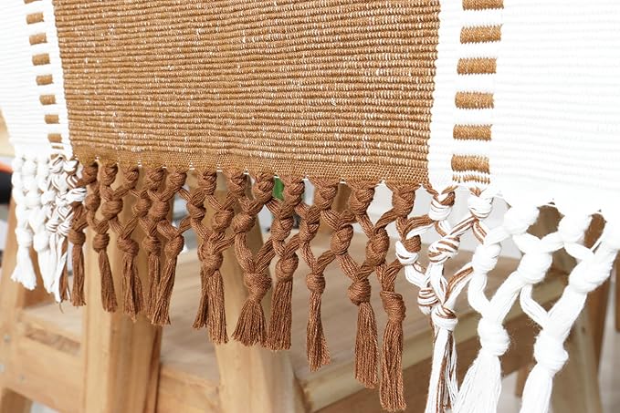 PurpleEssences Table Runner - Wide with Dobby Stripe, Heavy Ribbed Weave & Double Knot Fringes, 14x72 Inch (14x77.5 with Fringes) Farmhouse Decor -Christmas Holiday Winter- Nut Brown and H.White