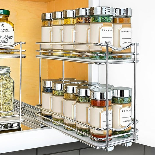 LYNK PROFESSIONAL짰 Pull Out Spice Rack Organizer for Inside Kitchen Cabinets - 4-3/8 inch Wide - Slide Out Drawer ??Chrome Sliding Spice Cabinet Organization Shelf Racks - 2 Tier