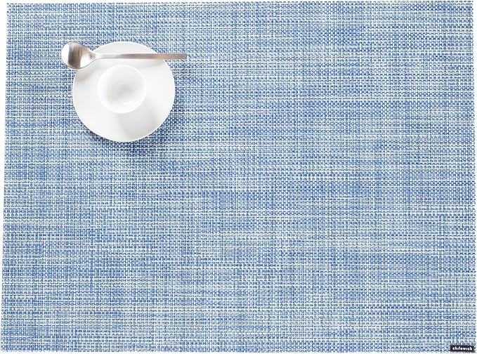 Chilewich Mini Basketweave Placemats in Chambray - Set of 4 - Easy Care Woven Tabletop Textiles - Indoor/Outdoor - 19" x 14" Rectangle