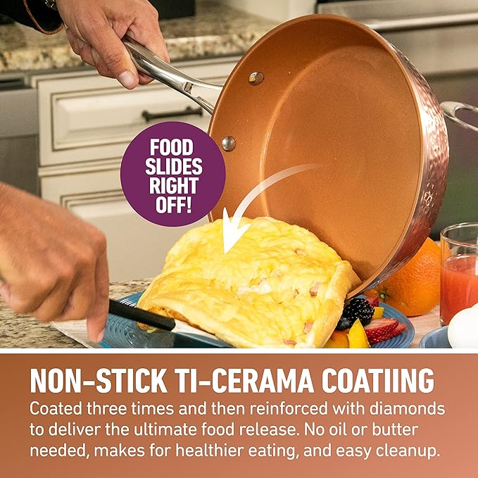 Gotham Steel Hammered Frying Pan Set, 3 Piece Nonstick Copper Fry Pans, 8?? 10??& 12??Skillet, Omelet Pan, Cookware, PFOA Free, Dishwasher Safe, Cool Touch Handle