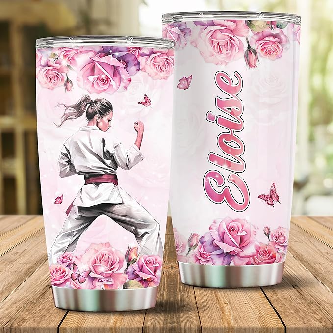 WONWIX Personalized Karate Tumbler for Girls, Stainless Steel Insulated 20oz Travel Cup Mug Water Bottle Perfect Birthday Mother's Day Valentine Christmas Gift for Women, Wife, Daughter