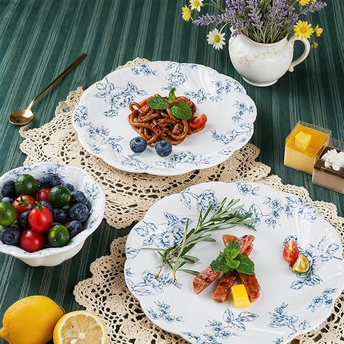Ceramic Dinnerware Set 12-Piece Scalloped Edge Dish Set for 4 Vintage Blue Floral Elegant Kitchen Dinner Plates Bowls for Daily Use & Party Microwave & Dishwasher Safe (Blue)