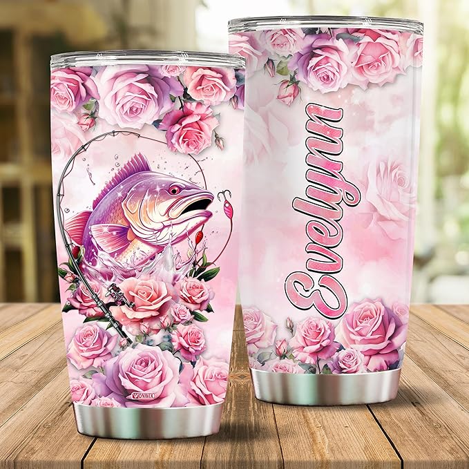 WONWIX Personalized Fishing Gifts for Women, 20oz Stainless Steel Insulated Coffee Cup Mug Tumbler Travel Water Bottle, Birthday, Christmas, Mother's Day, Valentine Gift for Wife, Daughter, Girl