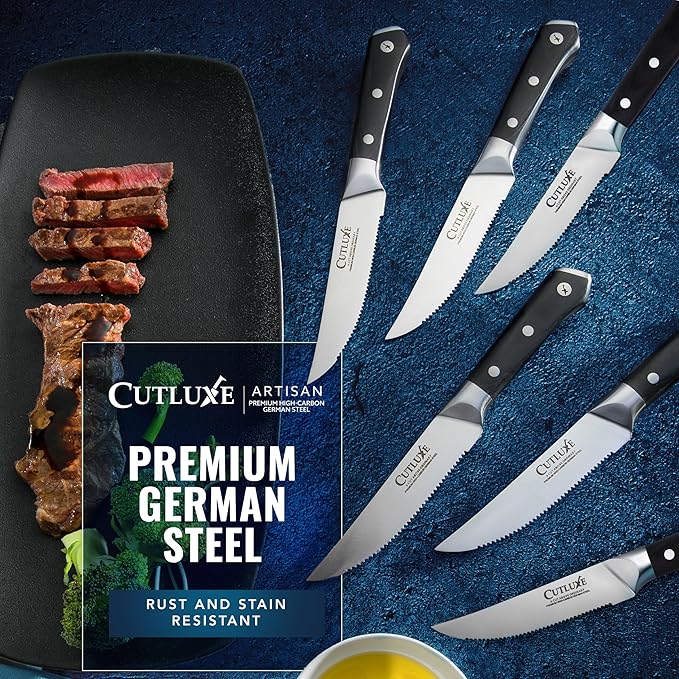 Cutluxe Steak Knives Set of 6, Serrated Steak Knives ??Forged High Carbon German Steel, Full Tang, Ergonomic Handle Design ??Artisan Series
