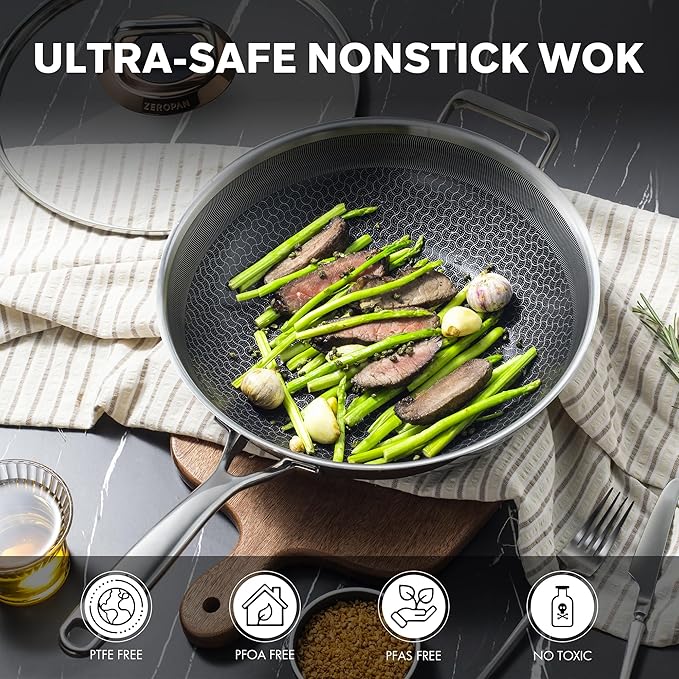 Hybrid 12-Inch Wok with Lid,Nonstick Stainless Steel Woks & Stir-fry pans,Wok Pan,PFAS PFOA PTFE Free,Dishwasher-Friendly,Oven-Safe Up to 600째F,Compatible with All Cooktops