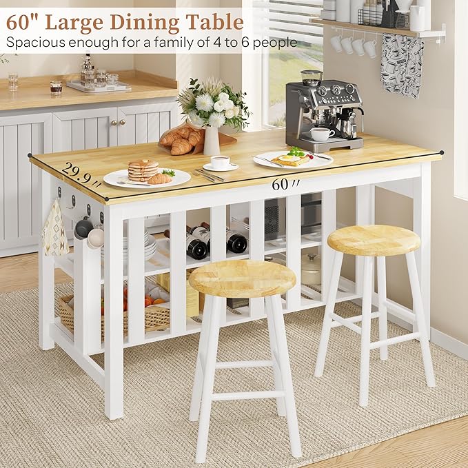 60" Solid Rubberwood Kitchen Island with Power Outlets - Extra Large Work Surface, 3 Drawers & 2 Open Shelves Storage Cabinet for Kitchen Dining Room, Farmhouse Style (White)