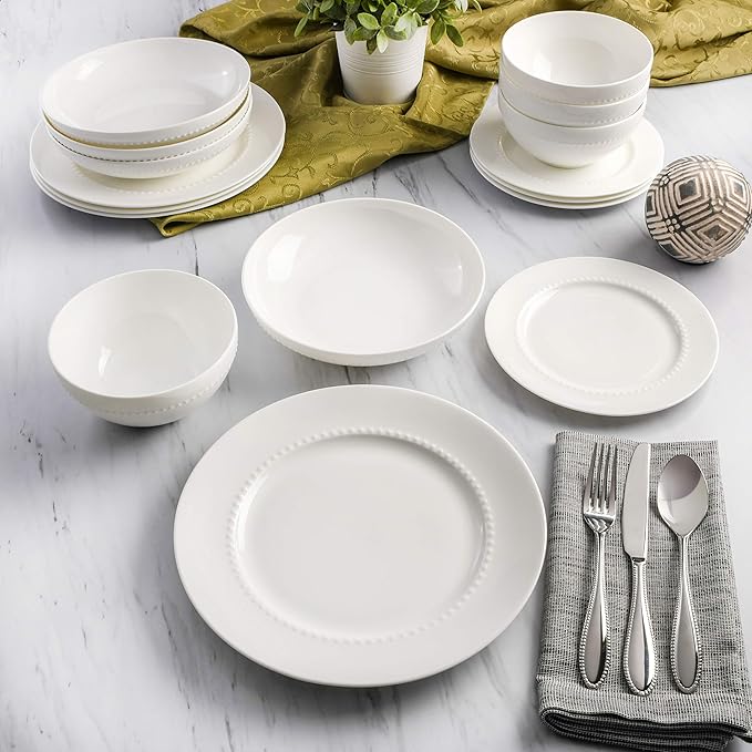 Gibson Elite Embossed Bone China 16-Piece Double Bowl Dinnerware Set, Service for 4 ??White Elegant Plates and Bowls