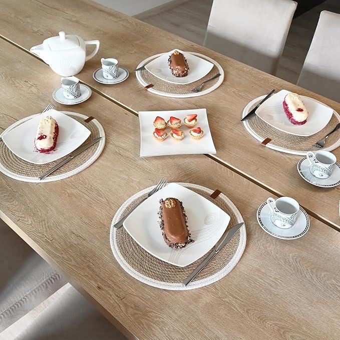 Round Placemats Set of 6, Handmade by Braided Natural Jute with White Cotton Cord Edges, Dia. 12.6 Inch, Heat Resistant, Doublesided, Light Brown