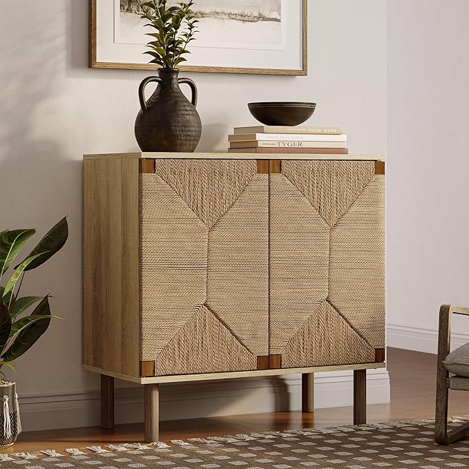 LuxenHome 31" Sideboard Buffet Cabinet with Storage, Seagrass Boho Accent Cabinet, Mid Century Modern Small Sideboard Storage Cabinets for Kitchen, Living Room, Entryway
