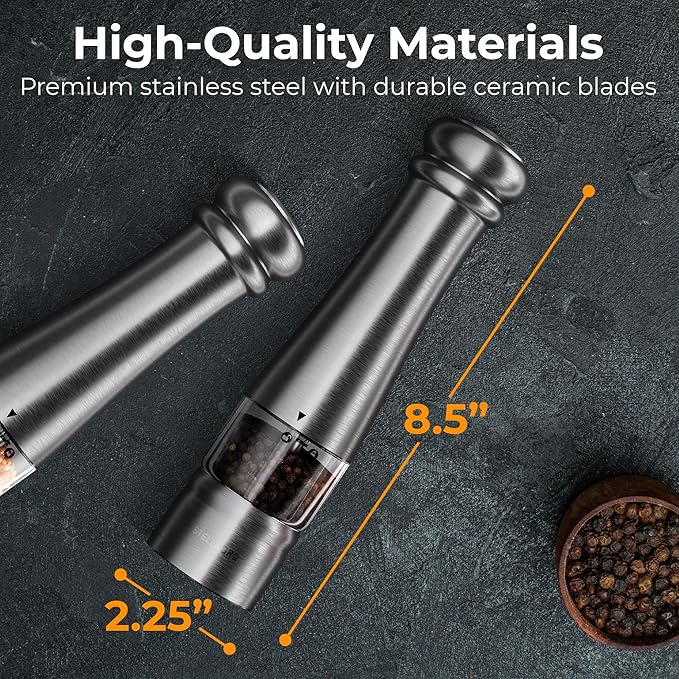 Electric Salt and Pepper Grinder Set, Automatic Battery Operated Salt and Pepper Shakers set with LED Light, Adjustable Coarseness, One Hand Operation, Refillable Grinder Set