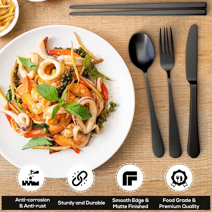 Upgraded 18/8 Stainless Steel 28-Piece Flatware Cutlery Set(Black)-Silverware set for 4-Luxurious Home Kitchen Dinnerware Sets-Great Kitchen Accessories-Perfect House Warming/Christmas Gift