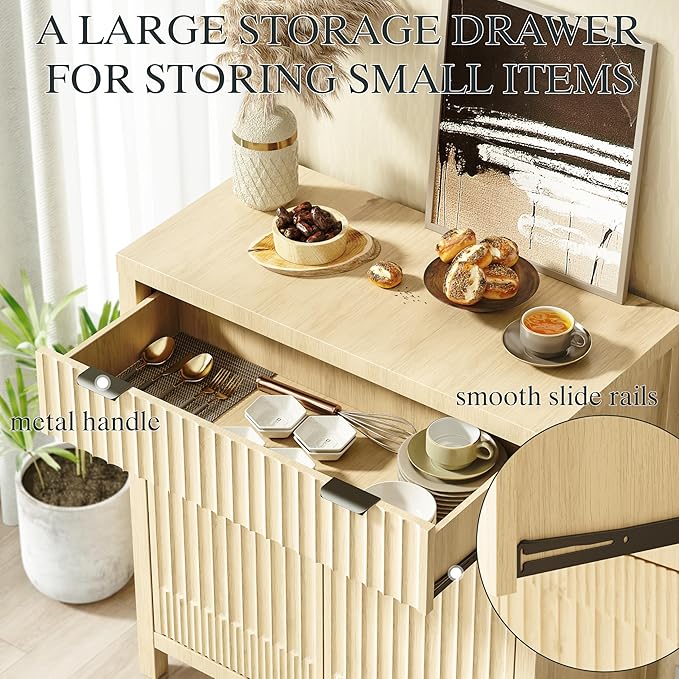 FLOWBACK Fluted Buffet Cabinet with Storage,34" Tall Kitchen Sideboard Cabinet Modern Credenza with Fluted Doors & Shelves Farmhouse Coffee Bar Media Console Accent Cabinets for Living Room, Entryway