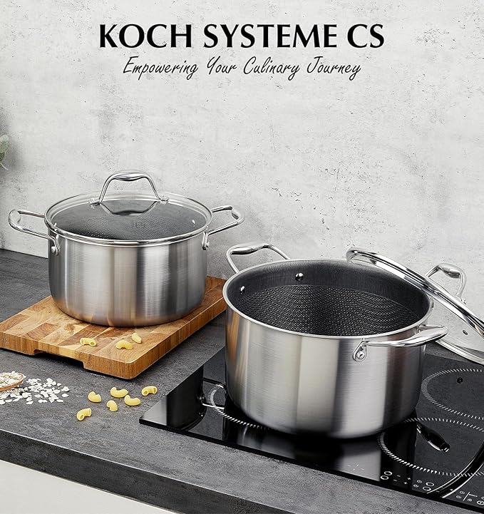 KOCH SYSTEME CS Triply Stainless Steel Pot 6 Quart, Nonstick Hybird 18/10 Stainless Steel Stock Pot with Lid, Nonstick Cooking Pots with Honeycomb Interior, Compatible with All Cooktops, Oven Safe