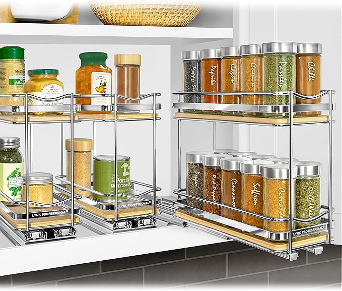 LYNK PROFESSIONAL짰 횋lite??Pull Out Spice Rack Organizer for Inside Kitchen Cabinets - 4-3/8 inch Wide - Slide Out Drawer ??Wood/Chrome Sliding Spice Cabinet Organization Shelf Racks - 2 Tier