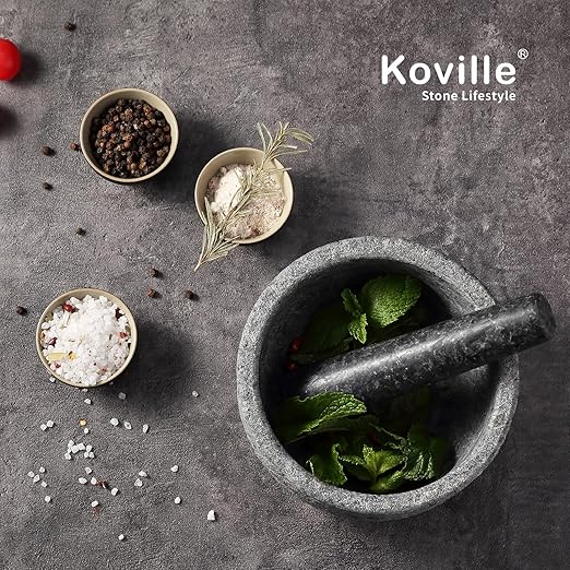 Koville Granite Mortar and Pestle Set, 6.3"-2 Cups Unpolishesd Stone Grinder Bowl for Guacamole, Salsa, Pill Crusher, Spice, Herb, Garlic, Nut, Heavy Duty Grinder for Kitchen(Angola Silver Black)
