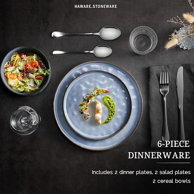 HaWare Dinnerware Sets, 6-Piece Plates and Bowls Set, Stoneware Dish Set for 2, Ceramic Dinnerware for Home Restaurant, Chip and Scratch Resistant, Microwave and Dishwasher Safe, Reactive Blue