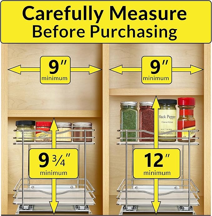 LYNK PROFESSIONAL짰 Pull Out Spice Rack Organizer for Inside Kitchen Cabinets - 8-3/8 inch Wide - Slide Out Drawer ??Chrome Sliding Spice Cabinet Organization Shelf Racks - 2 Tier