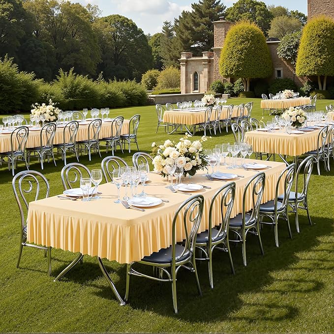 Wish Care Champagne Spandex Table Clothes for 6 Foot Rectangle Tables Wrinkle Free Ruffle Tablecloth 6ft Stretch Fitted Table Cover Skirt for Wedding Birthday Parties Banquet Dining Outdoor Tablecloth